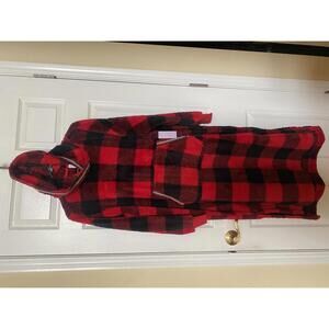Joyspun Women's Red and Black Buffalo Plaid Fleece Hooded Robe Size Small